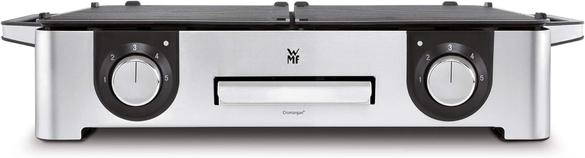 WMF Lono Master-Grill, Elektrogrill, 50x28 cm, Elektrogrill Tischgrill mit Windschutz und Auffangschale, Outdoorzertifiziert für Barbecue, 2 getrennt regulierbare Grillflächen, 2400 W, edelstahl matt