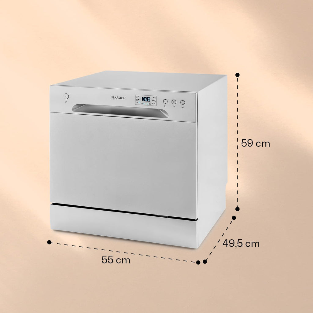 Klarstein  ia 8 - Spülmaschine, Geschirrspüler, Freistehend, Teilintegriert, F, 55 cm breit, 8 Maßgedecke, 6 Programme, Aquastop, silber