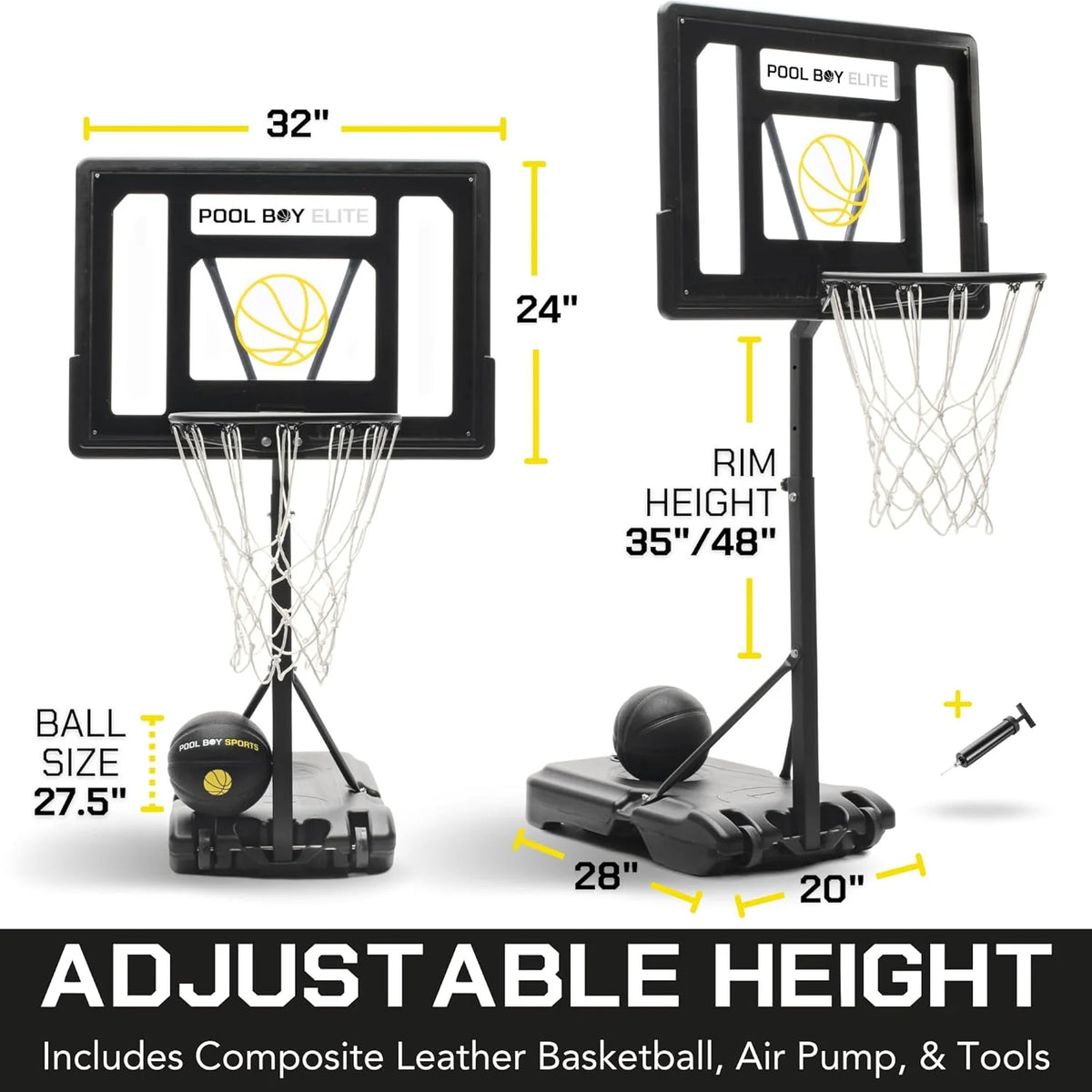 All-In-One Aro de Baloncesto para Piscina – Incluye Balón Compuesto, Bomba de Aire y Herramientas – Set Resistente en Negro Mate – Canasta Ajustable para el Lado de la Piscina – Para Niños, Adolescentes y Adultos