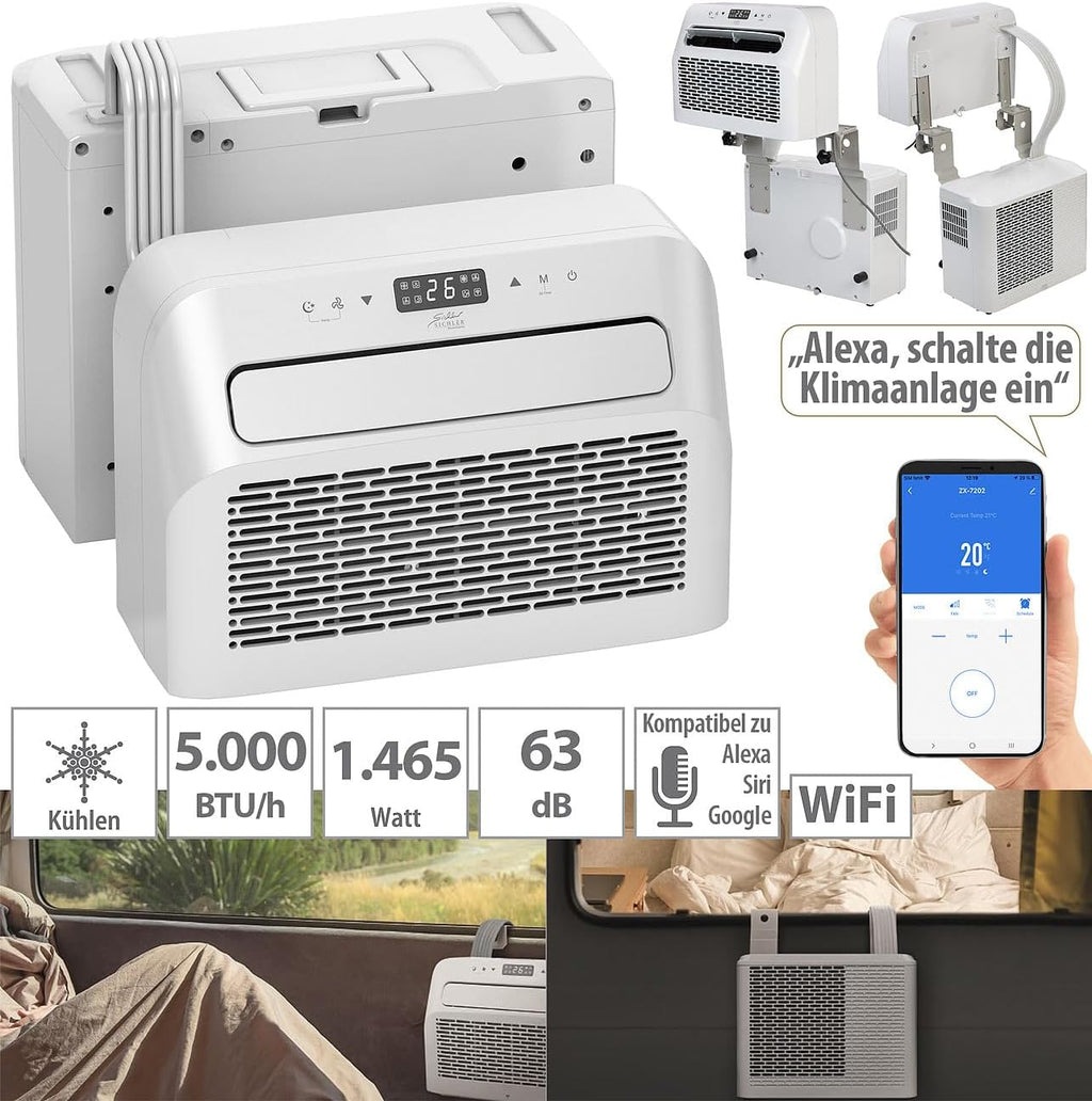 Sichler Haushaltsgeräte Klimaanlage Wohnwagen: Mobile Split-Klimaanlage, Entfeuchterfunktion, WLAN & App, 5.000 BTU/h (Wohnmobil, Mini Split, PCs)