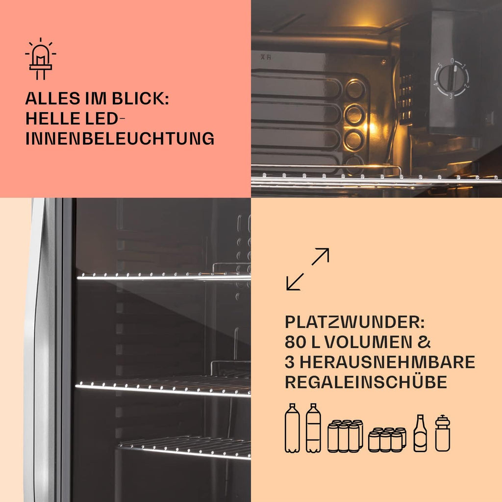 Klarstein Mini Kühlschrank mit Glastür für Zimmer, Getrnkekühlschrank mit Verstellbaren Ablagen, Kleiner 80 Liter, Indoor/Outdoor Kühlschrank Leise