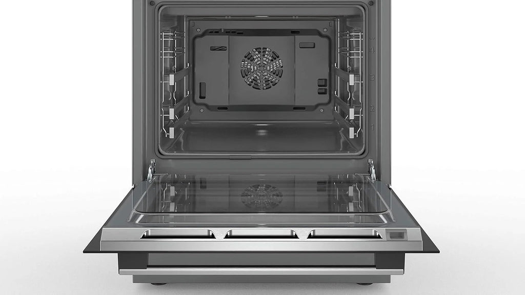 Bosch HKR39C250 Serie 4 Elektro-Standherd, 60 cm breit, EcoClean Direct Reinigungshilfe, 3D Heißluft Backen auf 3 Ebenen, LED-Display-Steuerung, erweiterbare Kochzone für großes Kochgeschirr