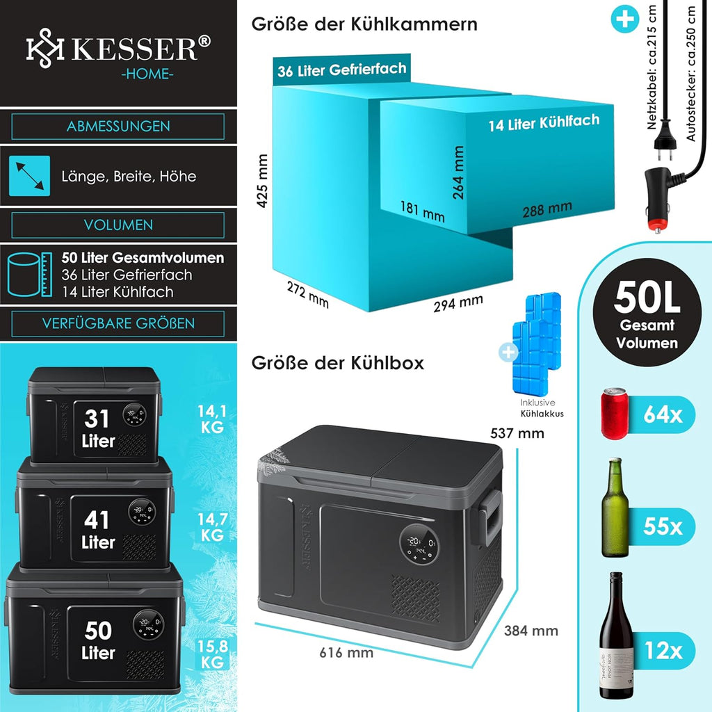 KESSER Kompressor Kühlbox 2in1 Doppelzone Kühl & Gefrierfach elektrische Gefrierbox mit 2x Kühlakkus & LED-Touch-Bedienung | Kühlschrank Kühlung bis -20 °C für Camping, Auto, Lkw 12/24V 230V