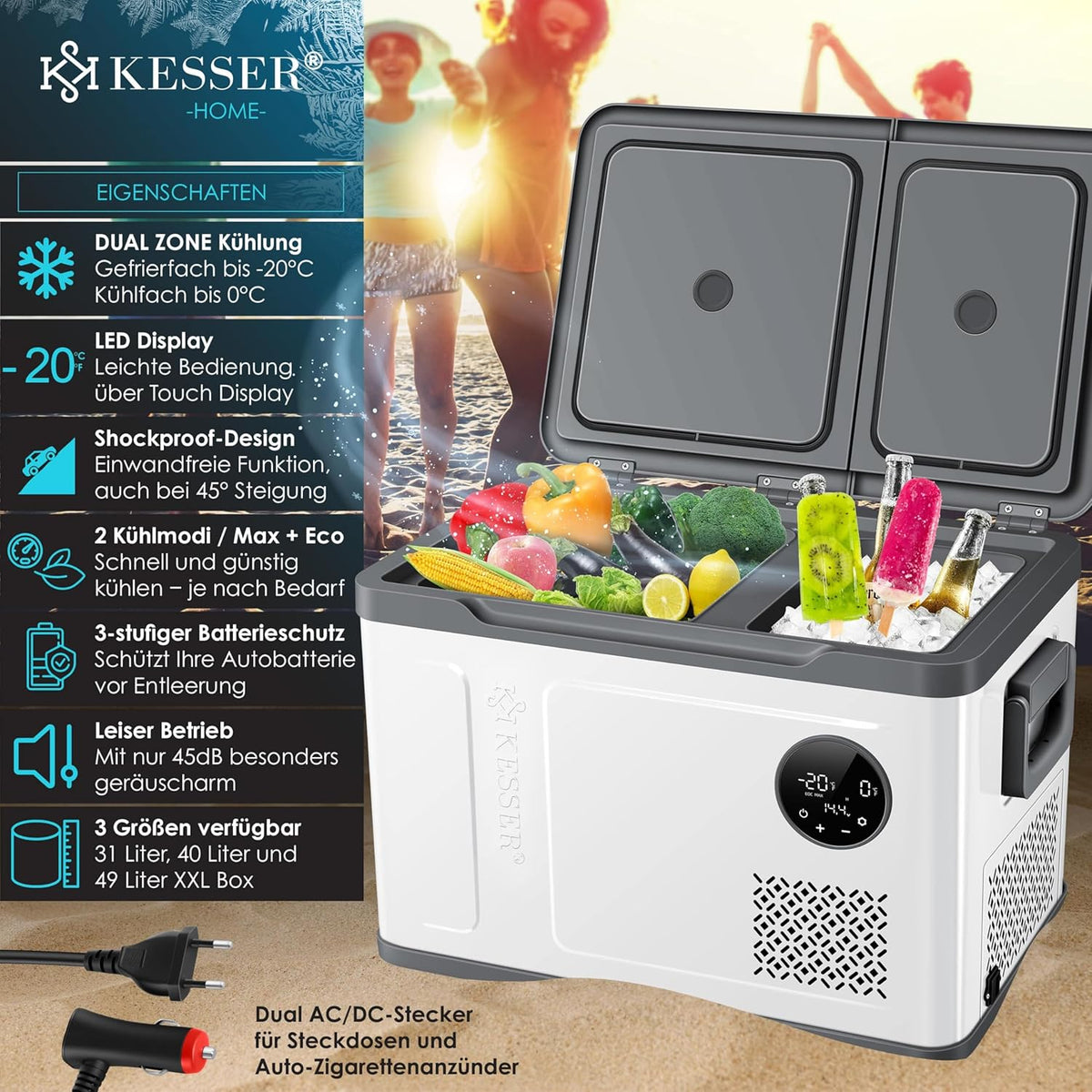 KESSER Kompressor Kühlbox 2in1 Doppelzone Kühl & Gefrierfach elektrische Gefrierbox mit 2x Kühlakkus & LED-Touch-Bedienung | Kühlschrank Kühlung bis -20 °C für Camping, Auto, Lkw 12/24V 230V