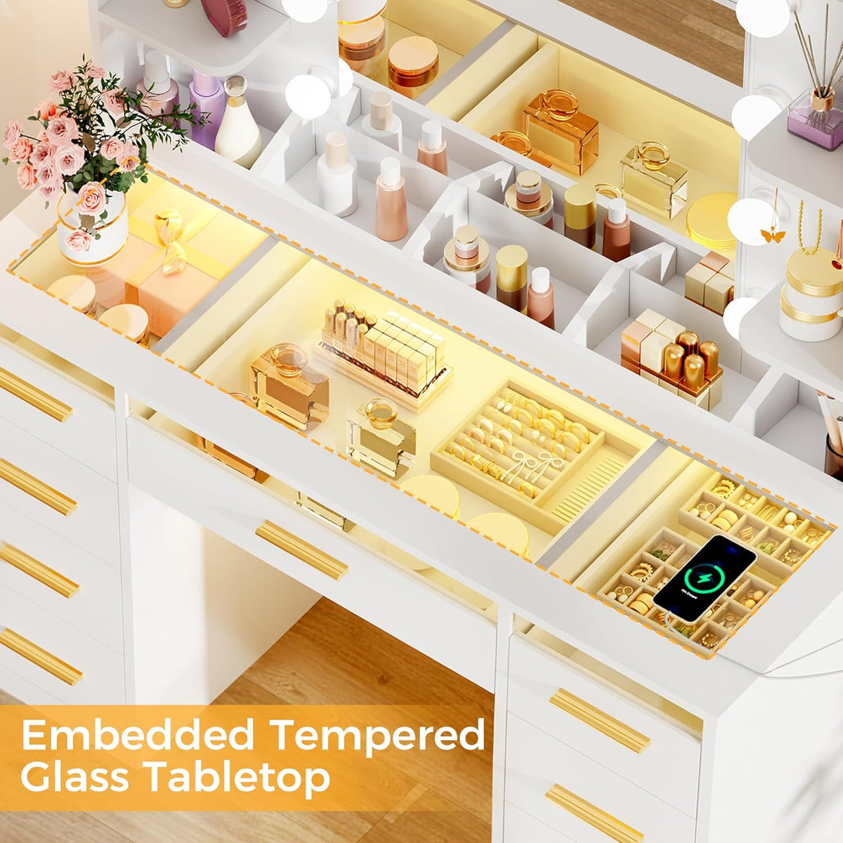ANWBROAD Schminktisch mit Spiegel und Verstellbaren LED-Beleuchtung 3 Farben Transparente Glasplatte Große Schminktisch mit Steckdose 9 RGB-Schubladen 4 Ablagen weiß BDT95W