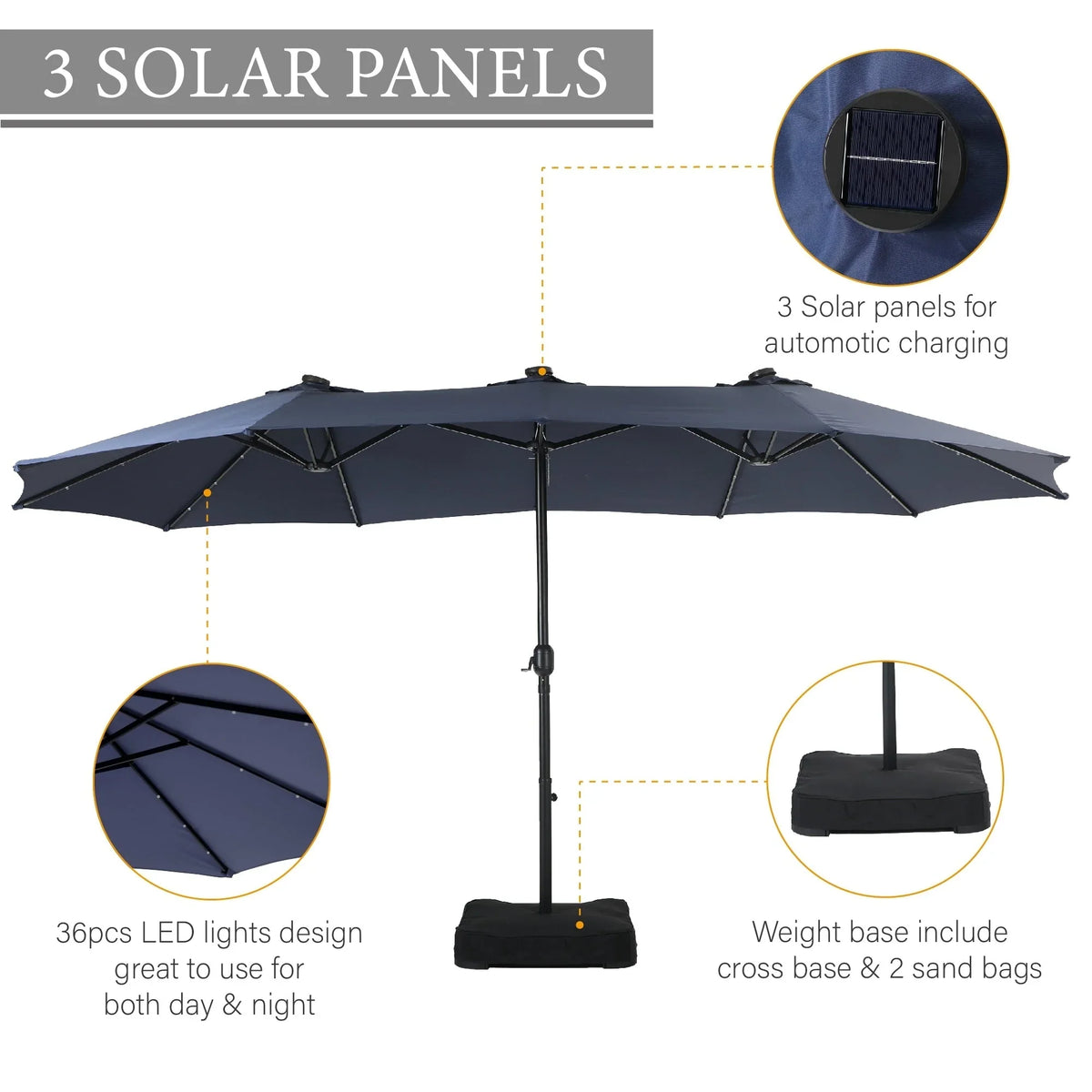 15-foot Rectangular Crank Double-sided Outdoor Market Umbrella Solar LED Lighted Patio Umbrella with Base Included