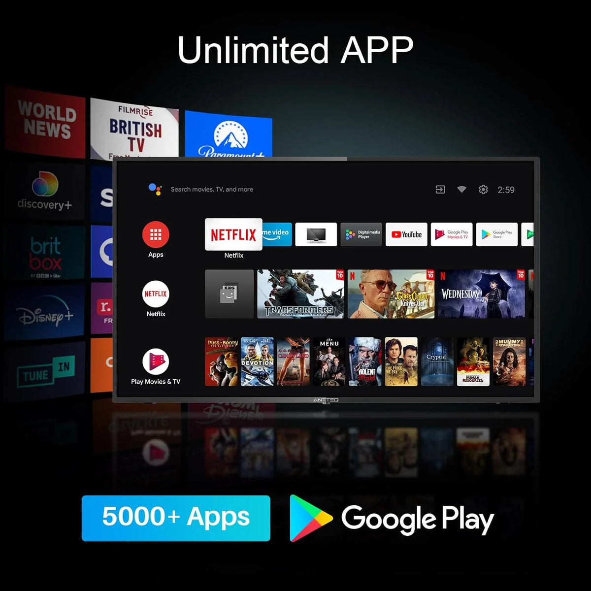 AG42F3 Smart TV 42 Pouces(106cm), Andriod TV LED FHD,Dolby Audio,Google Assistance,Bluetooth Triple Tuner(DVB-C/S2/-T2),Google Play Store((DAZN/Disney+/Netflix/Prime Video/Youtube),WiFi
