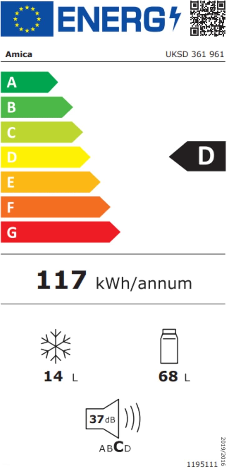 Amica Unterbau Kühlschrank dekorfähig für 815 cm Nische elektronische Steuerung Inverter Kompressor LED Beleuchtung Tür-Offen-Alarm, 82 liters