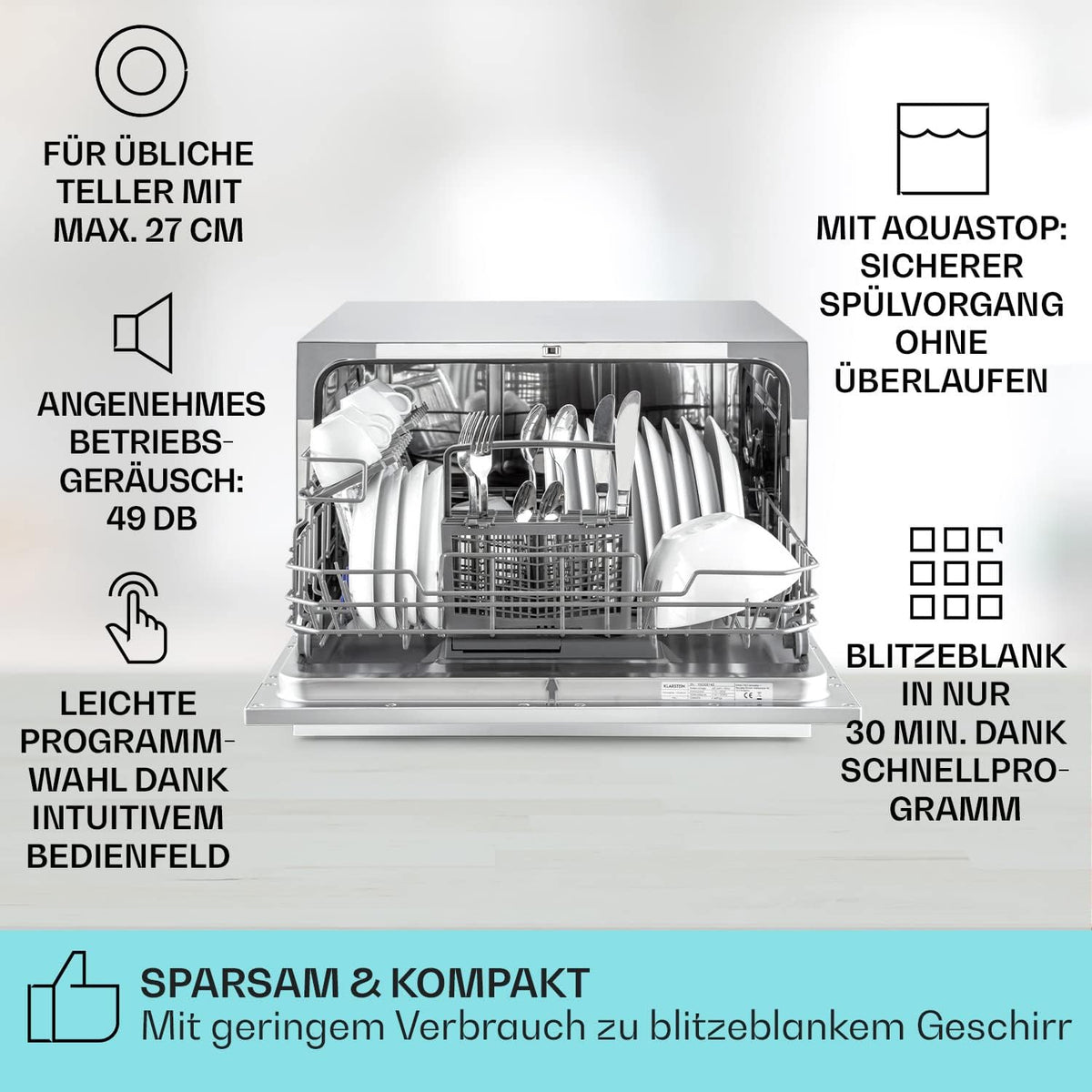 Klarstein  ia 8 - Spülmaschine, Geschirrspüler, Freistehend, Teilintegriert, F, 55 cm breit, 8 Maßgedecke, 6 Programme, Aquastop, silber