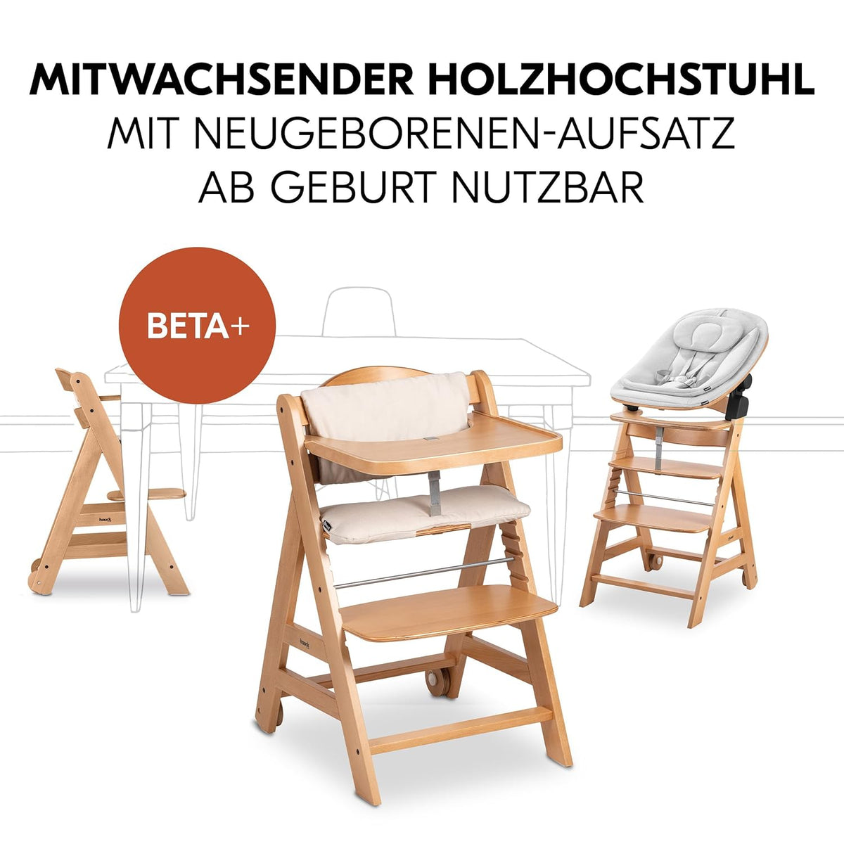 hauck Hochstuhl Beta+ Newborn Set Eco Bouncer - mitwachsender Holz Babyhochstuhl ab Geburt, inkl. Neugeborenenaufsatz, Sitzpolster und Essbrett - Dark Grey