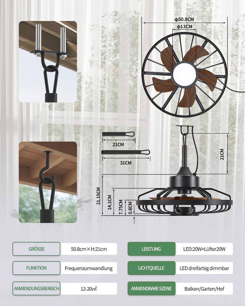 Deckenventilatorleuchte für den Außenbereich, Außenlicht mit Ventilator, IP44 Wasserdicht, 6 Lüftungsgeschwindigkeiten, mühelose Lichtdimmung, für Terrassen, Pergolen, Wohnzimmer, Esszimmer