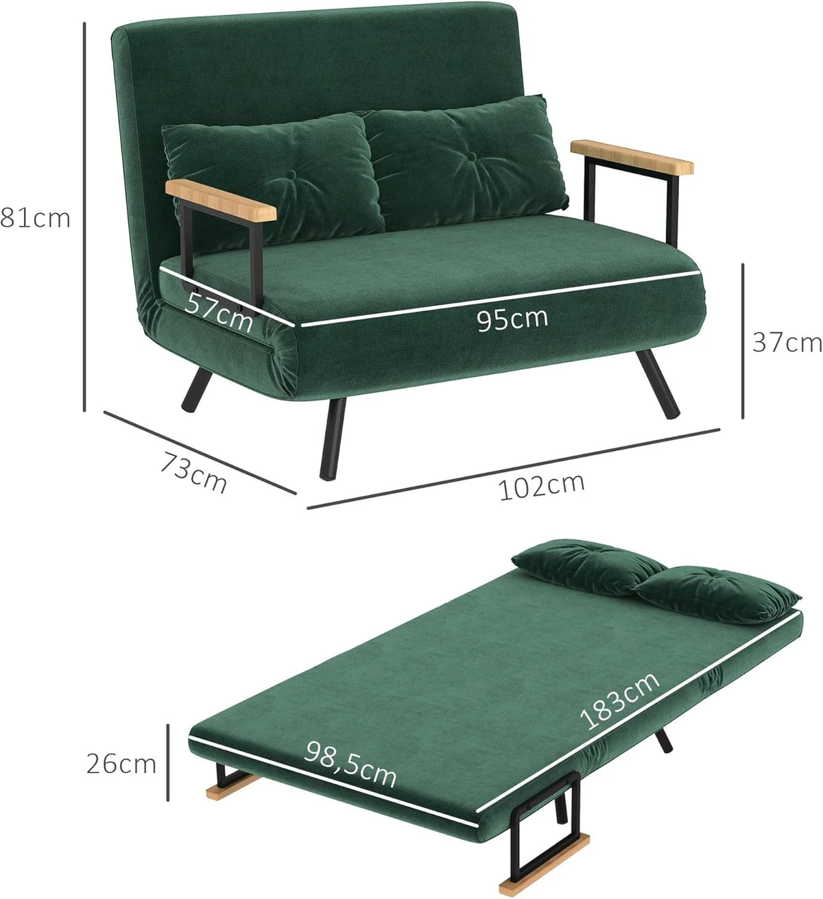 HOMCOM Sofa Bed 2 Seater Folding Sofa Bed Upholstered in Velvet with 5 Levels Adjustable Backrest and Padded Pillows for Office Bedroom Living Room 102 x 73 x 81 cm Beige