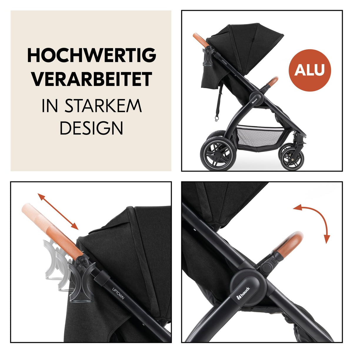 Hauck Uptown Kinderwagen Melange Rose – Kinderwagen für jedes Gelände, extra großer Sitz, flache Liegeposition, Gummiräder, Federung, kompakt und einfach zusammenklappbar, mit Regenschutz