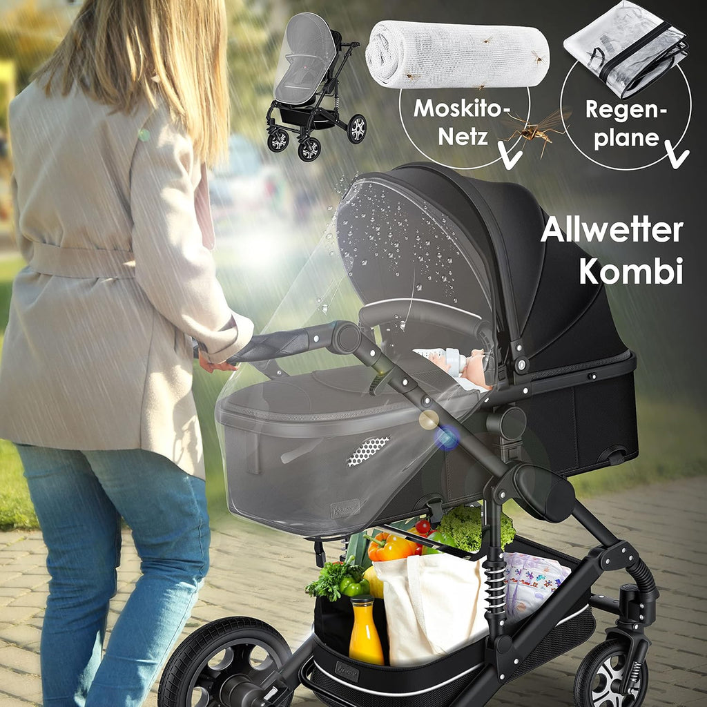 KESSER® Loops 3 in 1 Kinderwagen Kombikinderwagen Komplett-Set inkl. Babywanne & Buggy Sportsitz & Auto-Babyschale Voll-Gummireifen Wickeltasche Regenschutz Kindertisch ECE R129, Schwarz/Schwarz