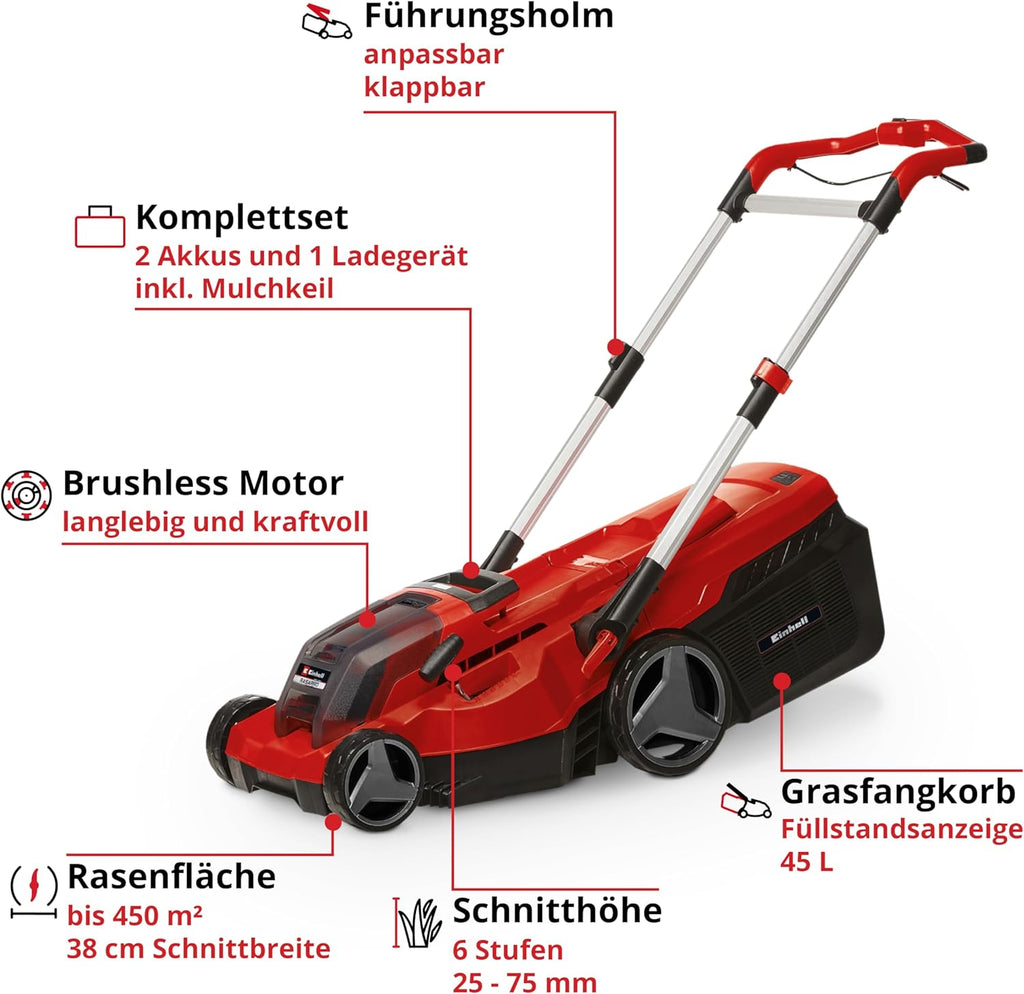 Einhell Akku-Rasenmäher RASARRO 36/38 Kit Power X-Change (36 V, 38 cm Schnittbreite, 450 m², Brushless, Mulchfunktion, 45L Fangkorb, inkl. 2X 4,0 Ah Akkus + Twincharger)
