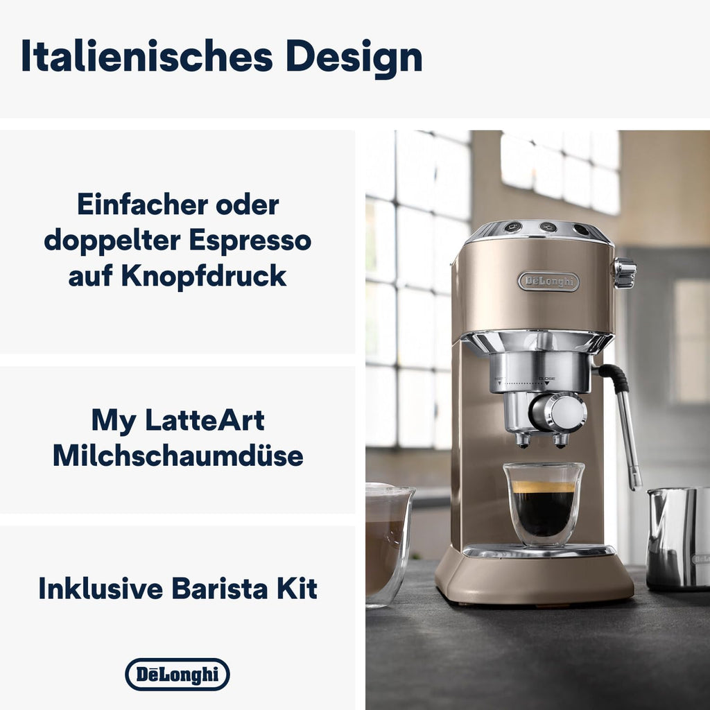De'Longhi Dedica Style EC 685.M – Espresso Siebtrgermaschine, Espressomaschine mit professionellem Milchaufschumer, nur 15 cm breit, für Kaffeepulver oder ESE Pads, 1 l Wassertank, silber