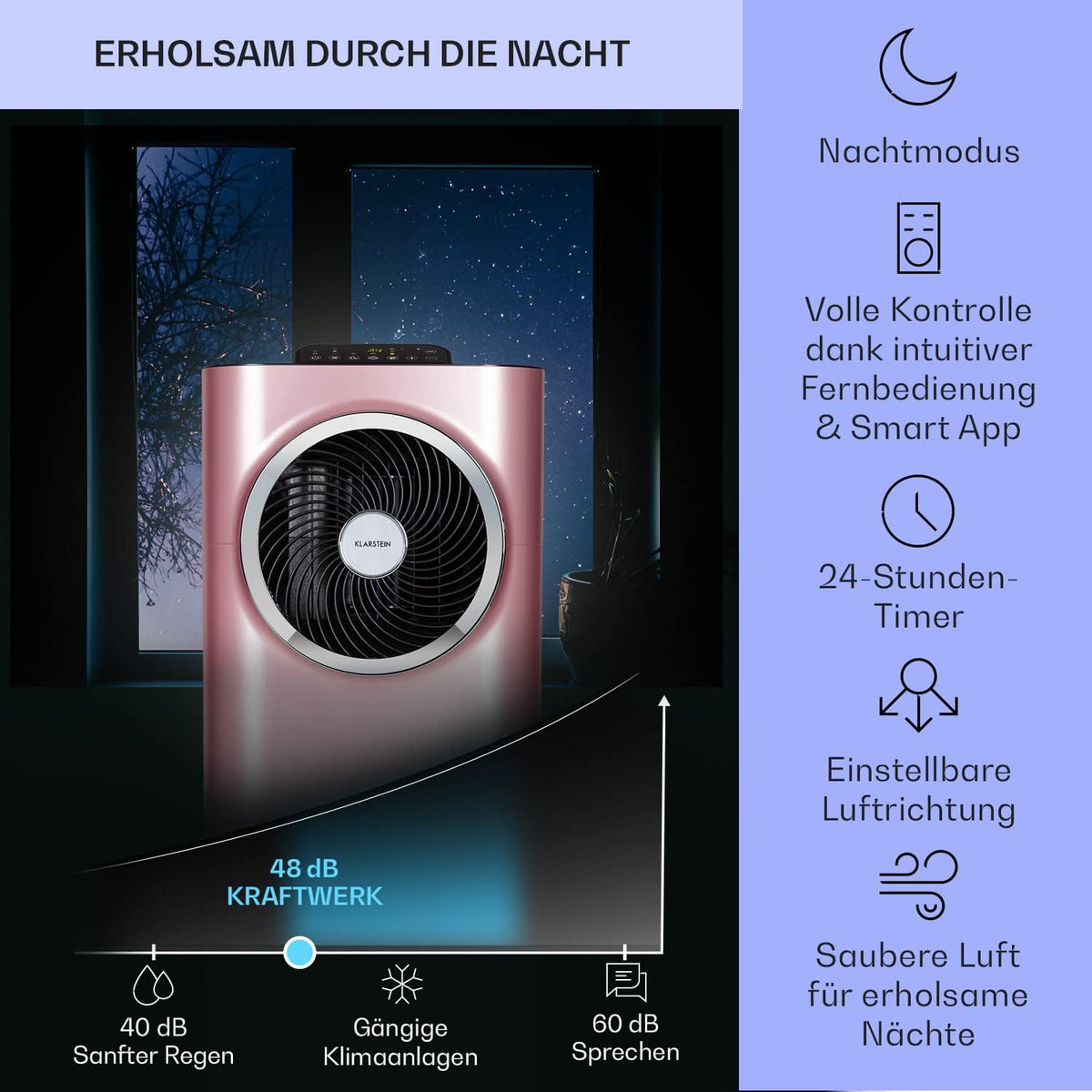 Klarstein Mobile Klimaanlage mit Abluftschlauch, 5-in-1 Klimagerät, Ventilator, Luftentfeuchter, Luftreiniger & Nachtmodus, App-Steuerung, Kleine & Portable für Wohnung & Büro, 12000 BTU
