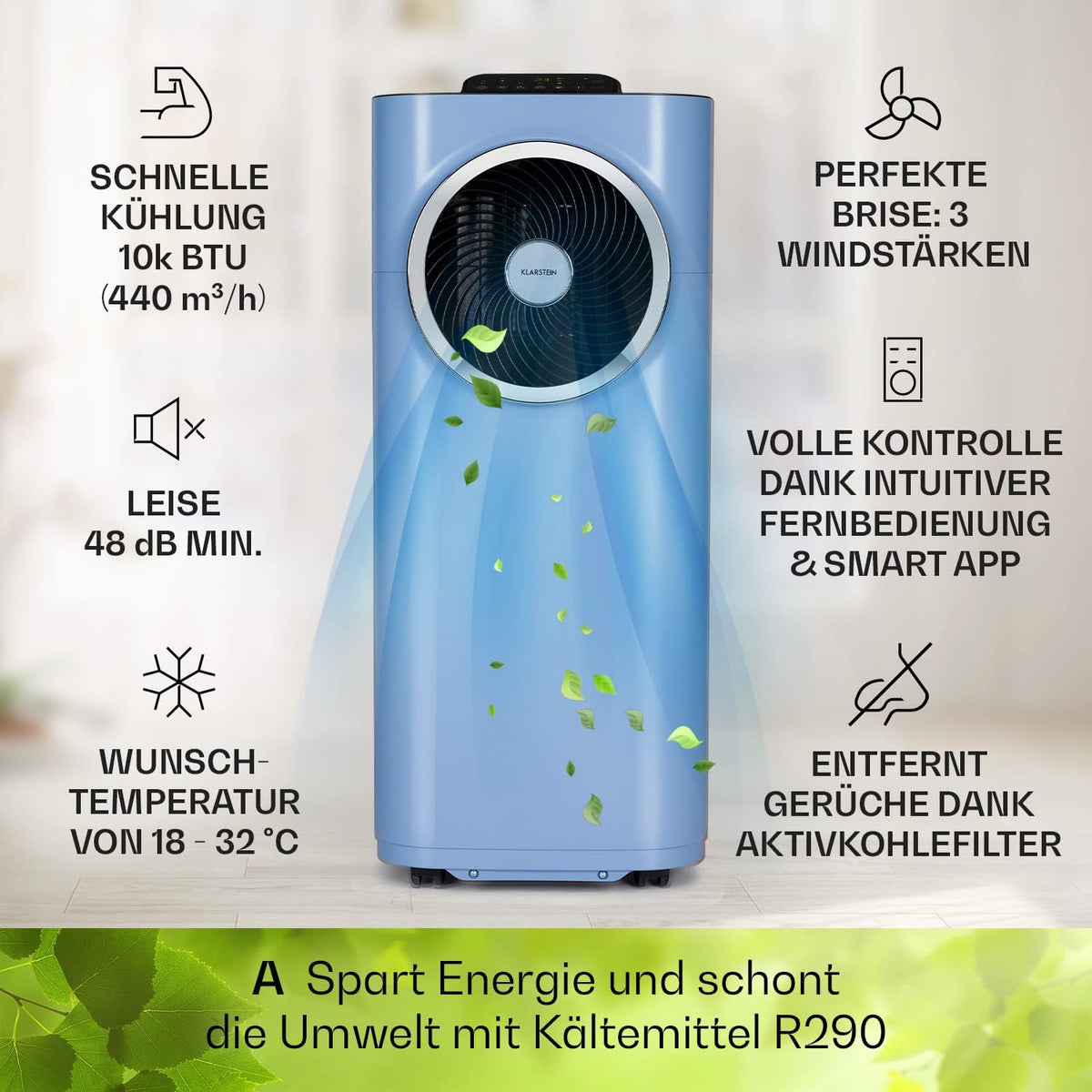 Klarstein Mobile Klimaanlage mit Abluftschlauch, 5-in-1 Klimagerät, Ventilator, Luftentfeuchter, Luftreiniger & Nachtmodus, App-Steuerung, Kleine & Portable für Wohnung & Büro, 12000 BTU