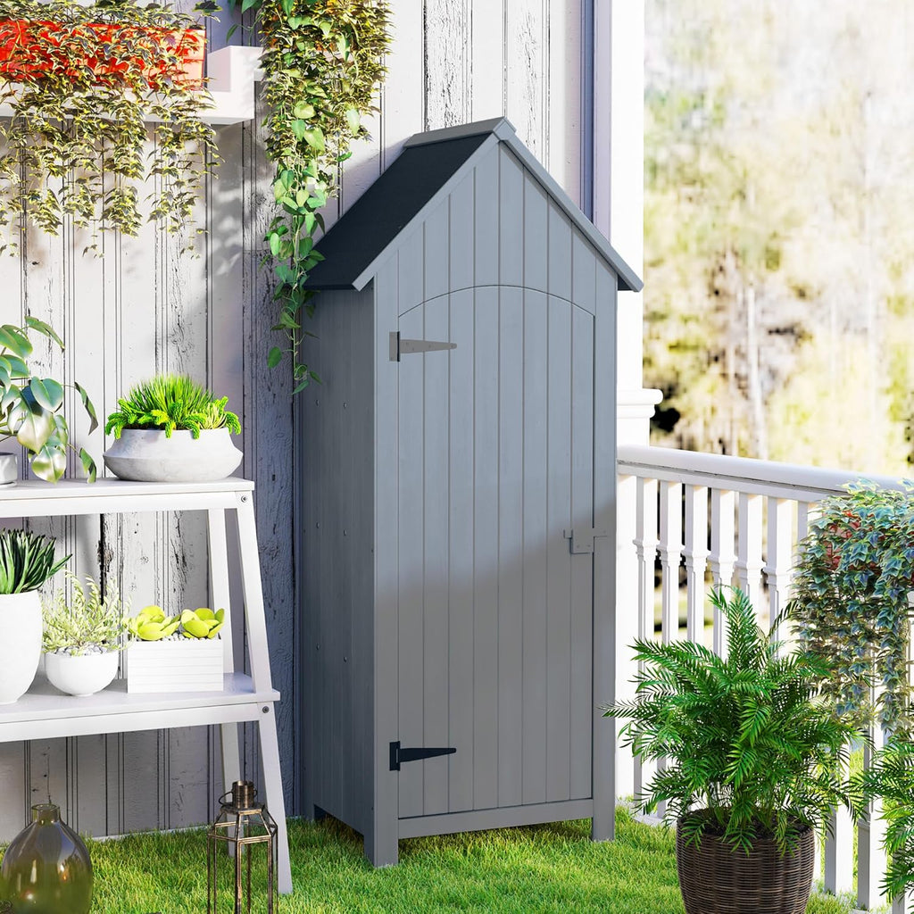 Outsunny Abri de Jardin en Bois cabane de Jardin Exterieur Armoire de Jardin avec Toit bitumé 3 étagères Porte avec loquet Rangement et Stockage extérieurs pour terrasse 77,5 x 54,2 x 179,5 cm Gris