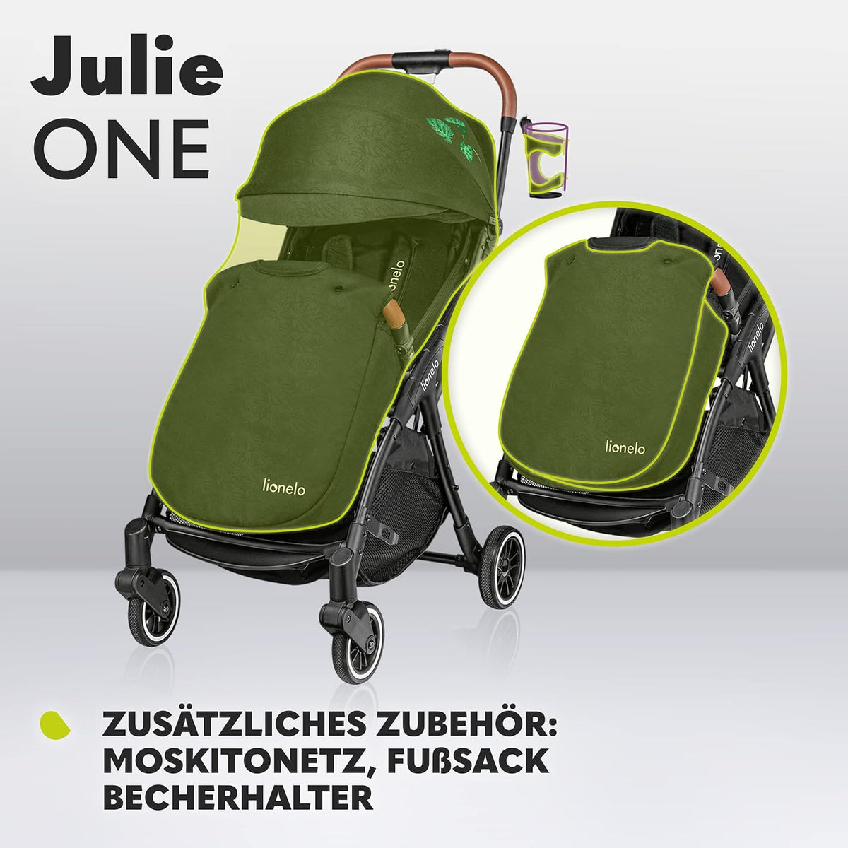 LIONELO Julie One Buggy Kinderwagen bis 22 kg, verstellbare Rückenlehne und Fußstütze, Moskitonetz, Beinwärmer, Getränkehalter und Transporttasche, zusammenklappbar