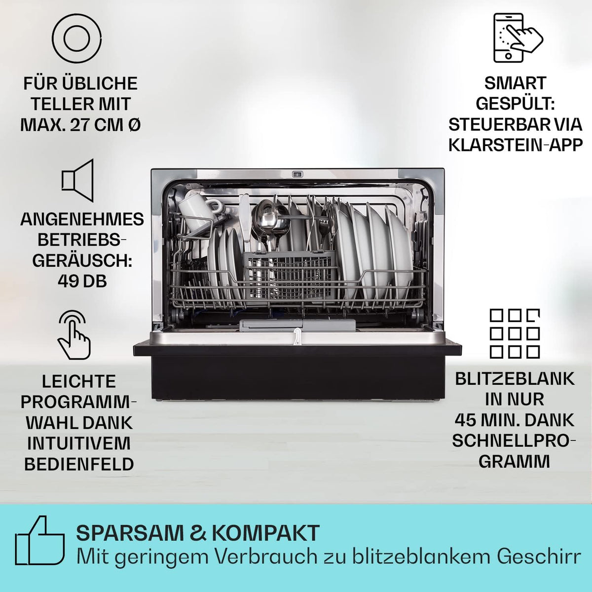 Klarstein  ia 8 - Spülmaschine, Geschirrspüler, Freistehend, Teilintegriert, F, 55 cm breit, 8 Maßgedecke, 6 Programme, Aquastop, silber