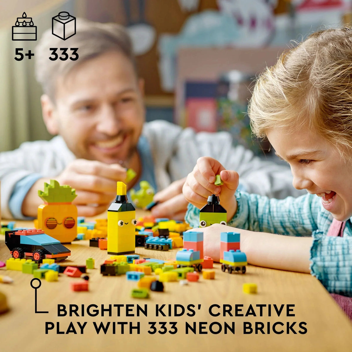 LEGO Classic Caja de Bloques Creativa con Colores Neón Divertidos 11027, Juguete de Construcción para Crear un Coche, Piña, Alienígena, Patines y Más Ideas para Niños, Niñas de 5 Años en Adelante