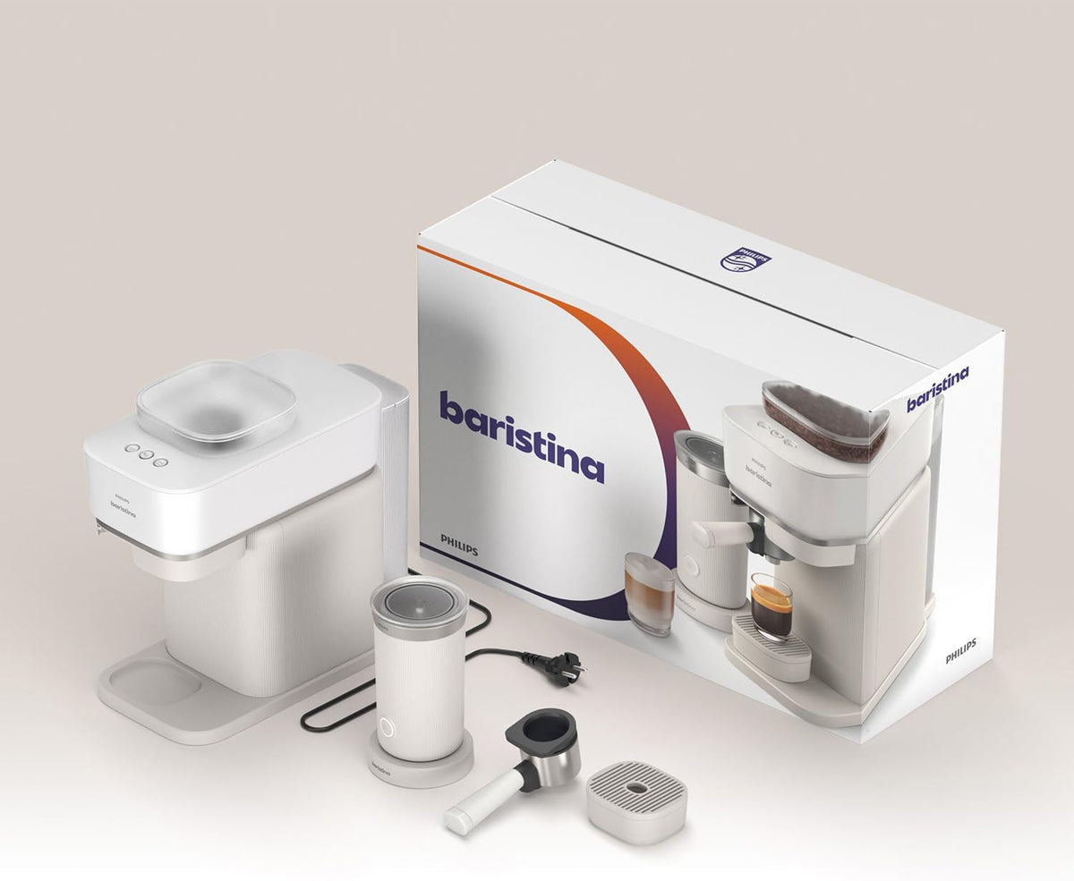 Philips Baristina Espressomaschine - Real Espresso- made simple. Kompakte Kaffeemaschine- Naturweiß mit weißem Siebträger- 16-bar-Pumpendruck- automatisches Mahlwerk- Cafe Crema (BAR300/00)