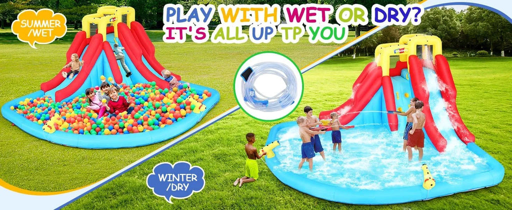 Aufblasbare Wasserrutschen für Kinder, 8-in-1-Hüpfburg-Wasserpark mit 450-W-Gebläse, Kletterwand, Planschbecken, 2 Wasserkanonen, Basketballkorb, Wasserrutsche, Krokodilsprinkler als Geschenk für eine Gartenparty