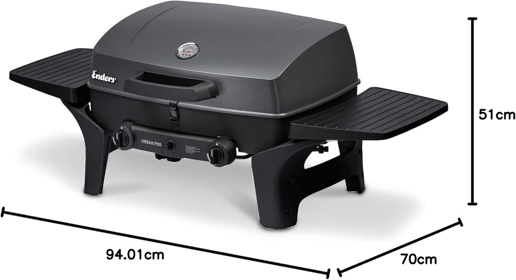 EndersGasgrill Urban II Pro, Tischgrill, Grillen-, Kochen- und Backen Funktion, 2 Brenner Edelstahl, mit Grill-Thermometer, Balkon-, Camping-Grill, Aluguss-Gehäuse, Gusseisen-Rost, #2062
