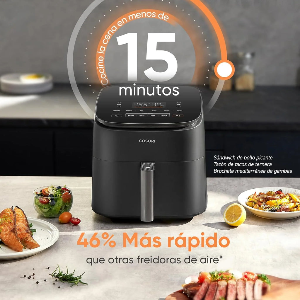 Cosori Turbo Blaze Freidora de Aire 6L, Interior Metálico Real, Motor DC Exclusivo, 46% Más Rápida, Temperatura 30°C a 230°C, Ideal para Asar Carnes, Programas Completo de Cocina, Silenciosa 27dB