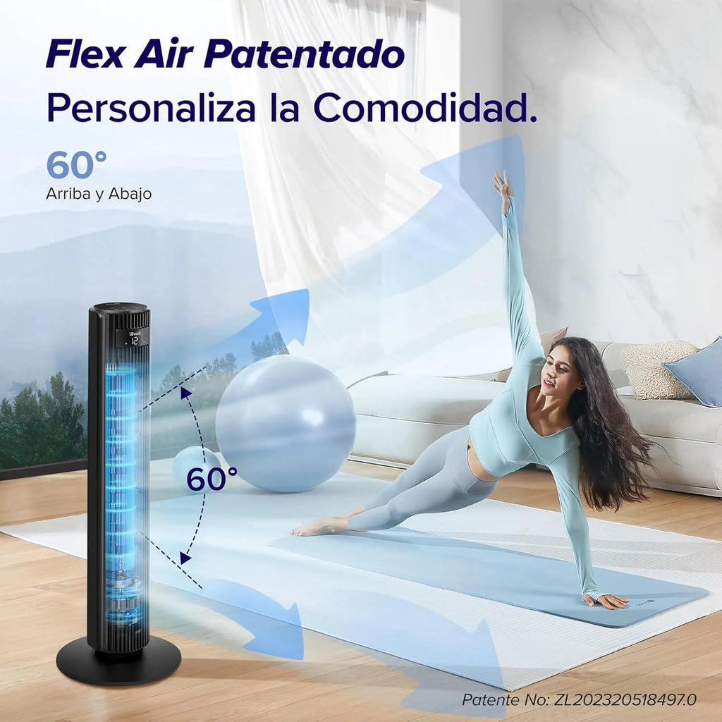 Ventilador de Torre LEVOIT 20dB con Control Remoto, 7.9 m/s con Motor DC, Ventilador Silencioso de 26W con Modo Sueño, 4 Modos y 12 Velocidades, Temporizador de 12H, Pantalla LED, Oscilación de 90°, Blanco