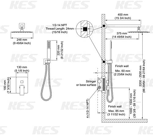Sistema de Ducha KES con Cabezal de Ducha Rain de 12 Pulgadas