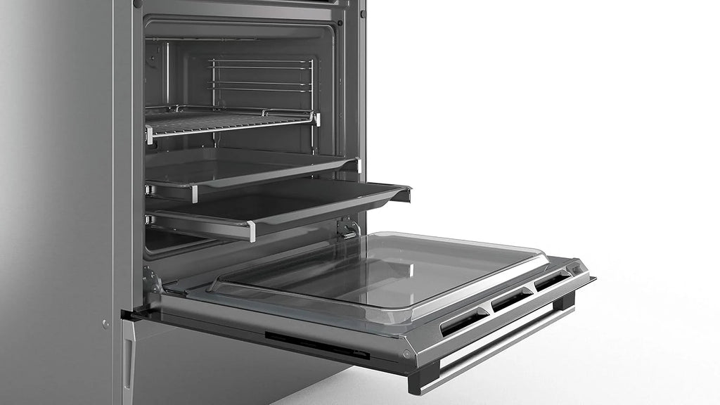 Bosch HKR39C250 Serie 4 Elektro-Standherd, 60 cm breit, EcoClean Direct Reinigungshilfe, 3D Heißluft Backen auf 3 Ebenen, LED-Display-Steuerung, erweiterbare Kochzone für großes Kochgeschirr
