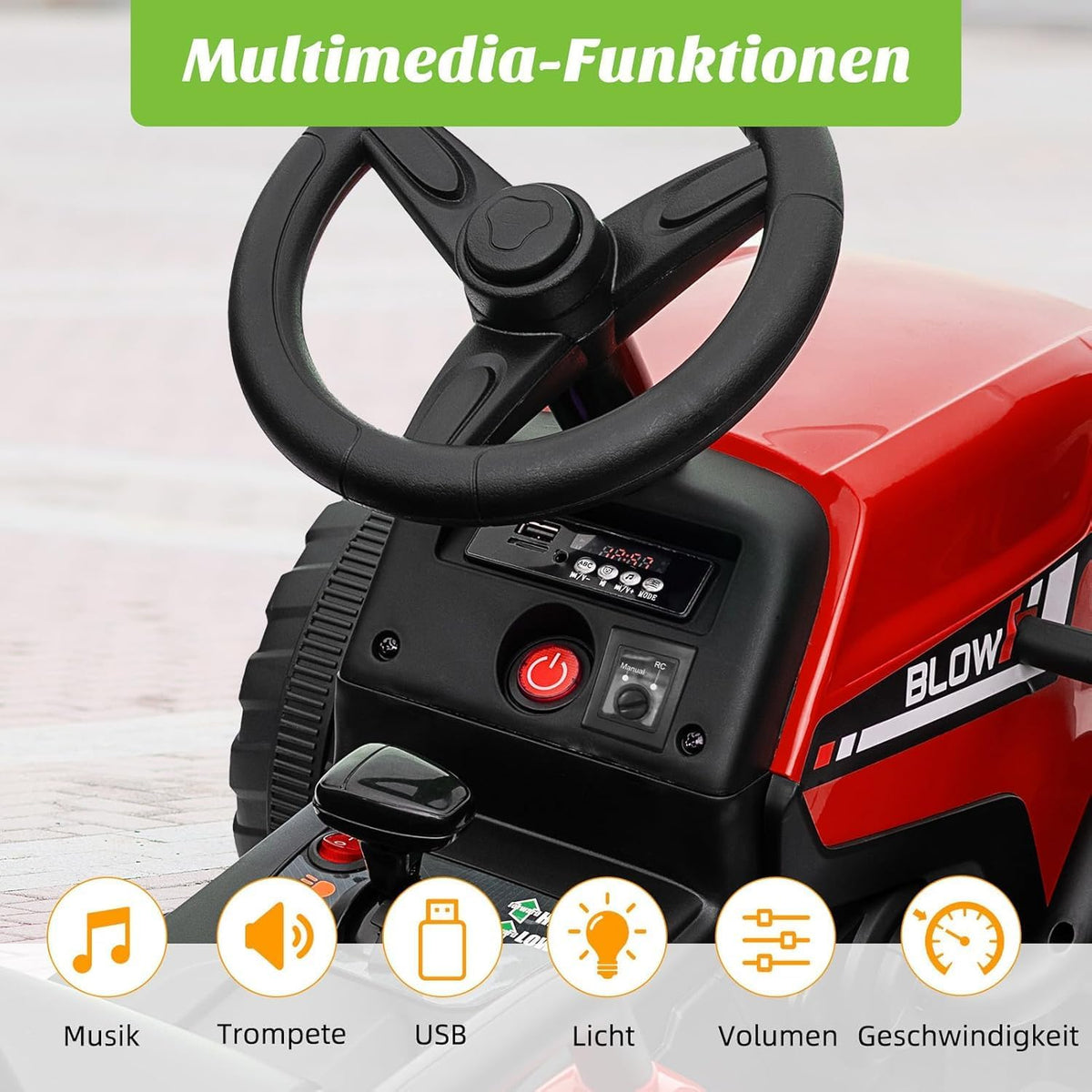 HAUSPROFI 12V 3-Gang Kinder Elektroauto mit Anhänger, Elektro Traktor 2 Fahrmodi, 2,4G-Fernbedienung, Kinder Traktor LED-Licht, Bluetooth, Musik, USB, Elektrischer Traktor für kinder ab 3 Jahren, Grün