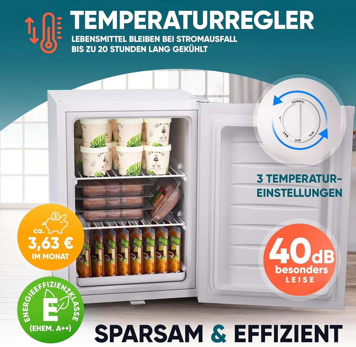 Stillstern Mini Gefrierschrank (42L) -18°C, Eiswürfelschale, Schloss, Türanschlag wechselbar, 4-Sterne Tiefkühlschrank für Camping/Büro Gefriertruhe Klein Gefrierschrank Klein Tiefkühltruhe