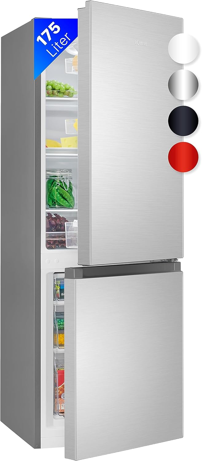 Bomann Fridge-Freezer KG 320.2, 143 cm High, Fridge-Freezer with 175 Litre Capacity, 3 Shelves and 3 Drawers, Door Stop Replaceable, Quiet Fridge-Freezer 39 dB, Black