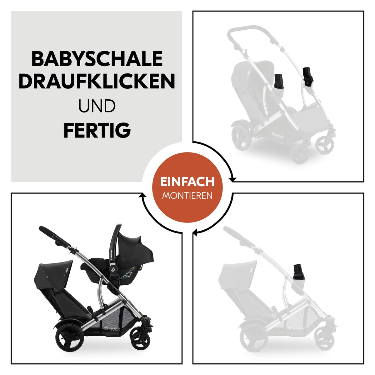 hauck Duett 2 Geschwisterwagen inkl. Regenschutz für Kinder bis je 15 kg, Hauptsitz umbaubar zur Babywanne ab Geburt mit Liegeposition, Zweitsitz Abnehmbar, Höhenverstellbar (Black Forest)