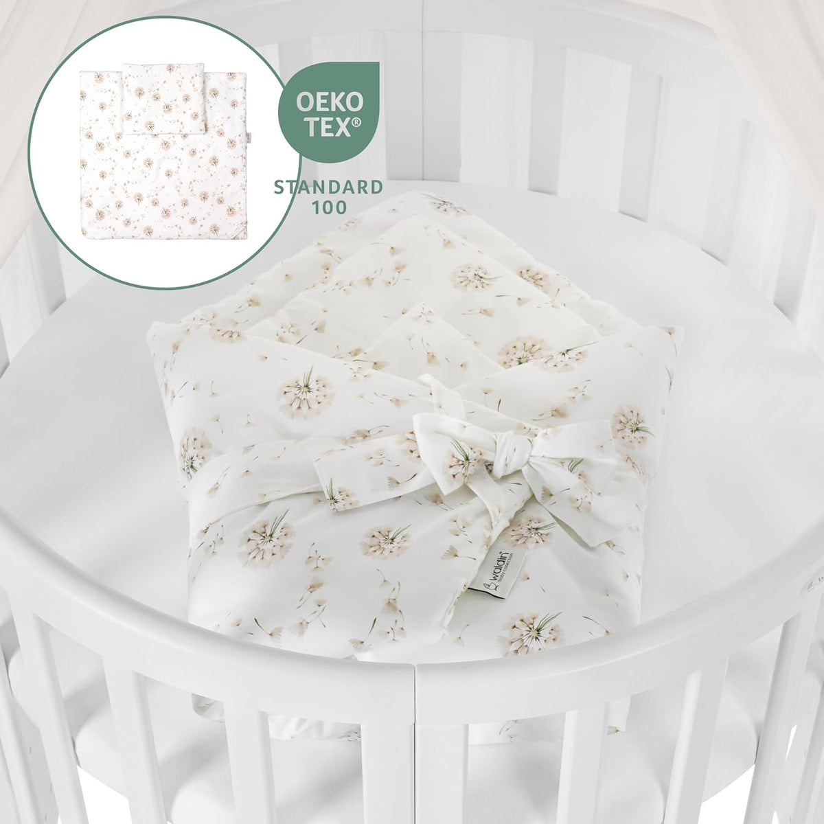 Waldin Oval Baby-Bett Mitwachsend Komplett Set 7in1, Gitterbett, Kinderbett mit Matratze, Wickelkommode, Beistellbett, Holz Weiß