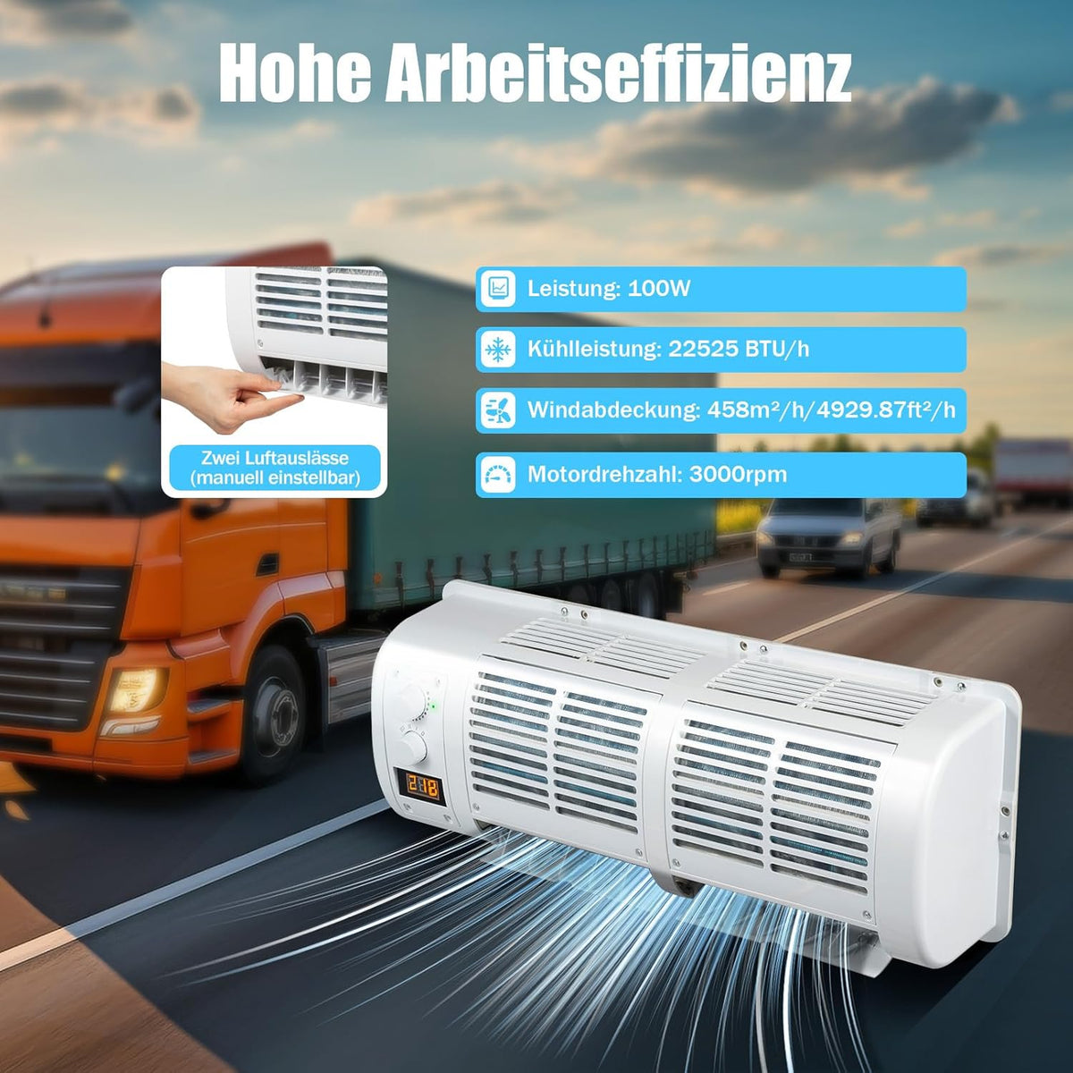 12V Auto Klimaanlage mit LCD Display 100W Auto-Klimaanlagengebläse für Lkw Gabelstapler Wohnmobile und Erntemaschinen Geräuschpegel 65 dB verstellbare Temperaturen 16 bis 30°C