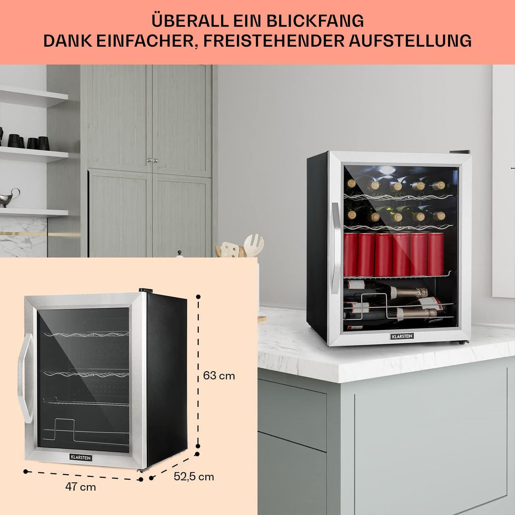 Klarstein Mini Kühlschrank mit Glastür für Zimmer, Getrnkekühlschrank mit Verstellbaren Ablagen, Kleiner 80 Liter, Indoor/Outdoor Kühlschrank Leise