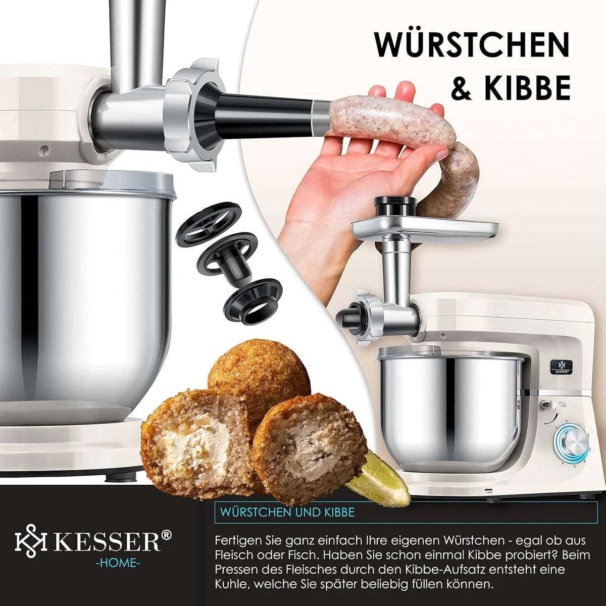 KESSER® 3 in 1 Universal Küchenmaschine K-KM 3000 mit Fleischwolf Knetmaschine Multifunktionale Rührmaschine 5,5L Schüssel mit 3 Rührwerkzeuge, 1,5L Entsafter, Zubehör-Set, Pasta & Gebäckformen