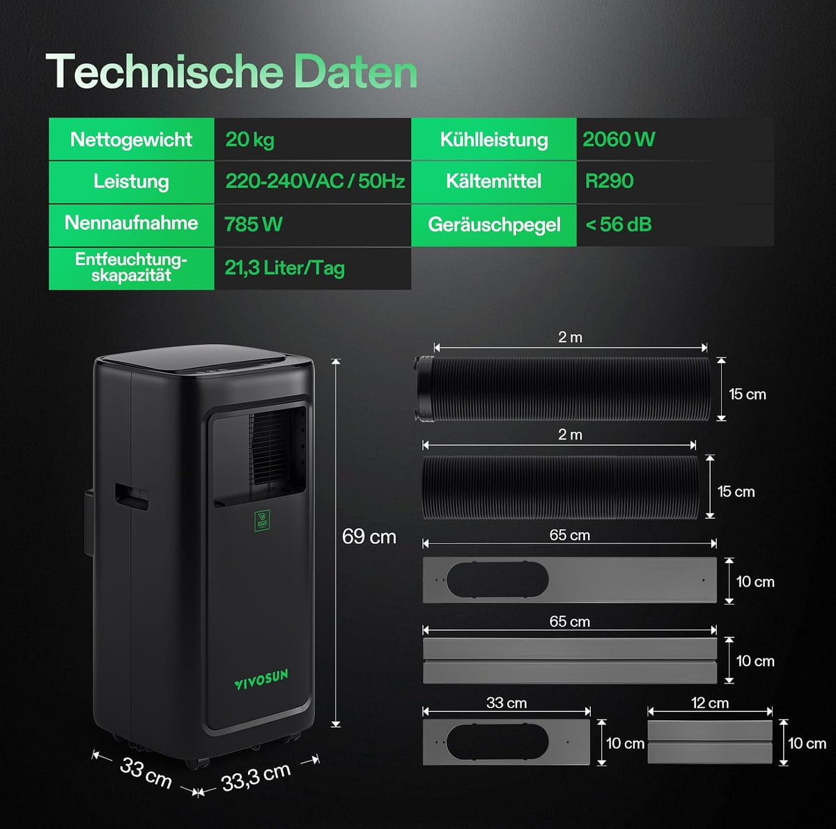 VIVOSUN Smart Klimaanlage, 7000 BTU, 4-in-1 Funktion mit Temperatur- & Feuchtigkeitssensor, Intelligente Fernbedienung, Ideal für Growzelte und Innenräume