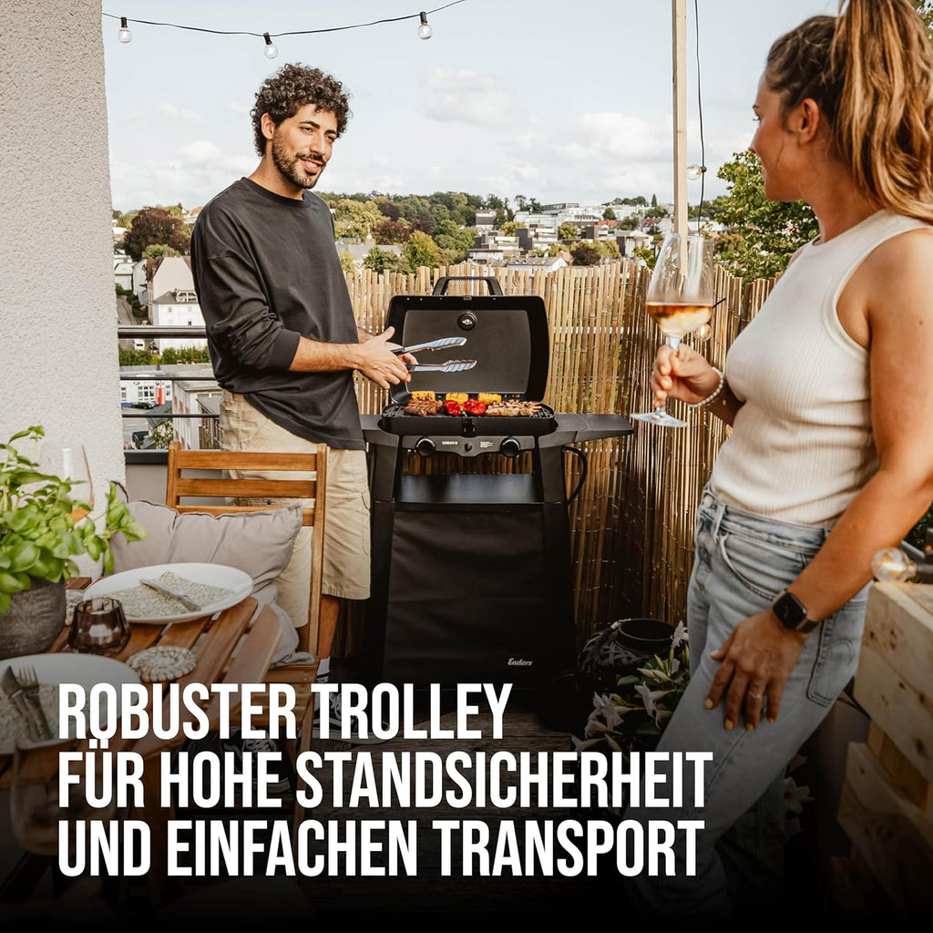 EndersGasgrill Urban II Pro, Tischgrill, Grillen-, Kochen- und Backen Funktion, 2 Brenner Edelstahl, mit Grill-Thermometer, Balkon-, Camping-Grill, Aluguss-Gehäuse, Gusseisen-Rost, #2062