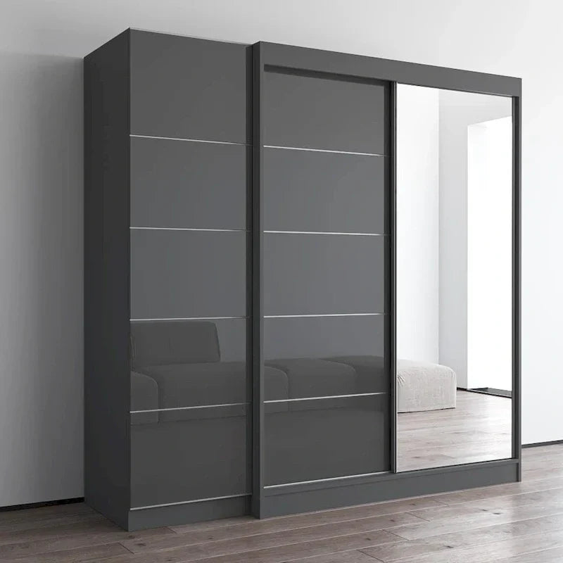 2-Door Wardrobe with Mirror, Glass Front, 2-Person (Gray / Black / White)