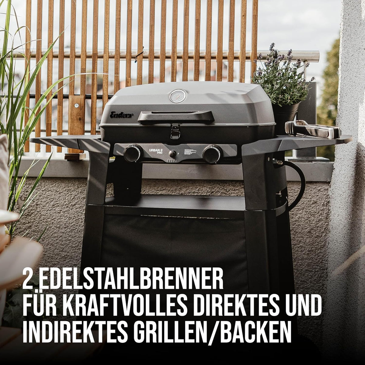 EndersGasgrill Urban II Pro, Tischgrill, Grillen-, Kochen- und Backen Funktion, 2 Brenner Edelstahl, mit Grill-Thermometer, Balkon-, Camping-Grill, Aluguss-Gehäuse, Gusseisen-Rost, #2062