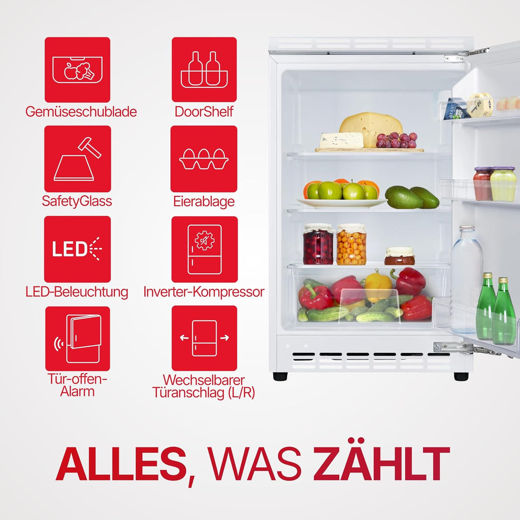 Amica Unterbau Vollraum Kühlschrank dekorfähig für 815 cm Nische elektronische Steuerung Inverter Kompressor Tür-Offen-Alarm wechselbarer Türanschlag 103 liters
