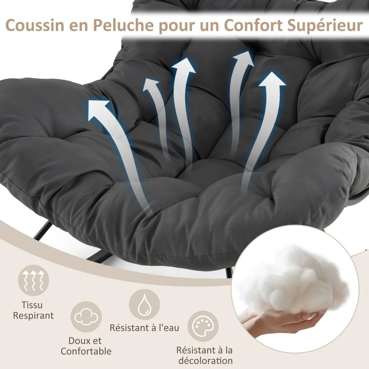 Chaise à Bascule d'Intérieur et d'Extérieur Chaise Papasan Surdimensionnée avec Coussin Rembourré & Cadre en Métal Capacité 205 Kg Gris