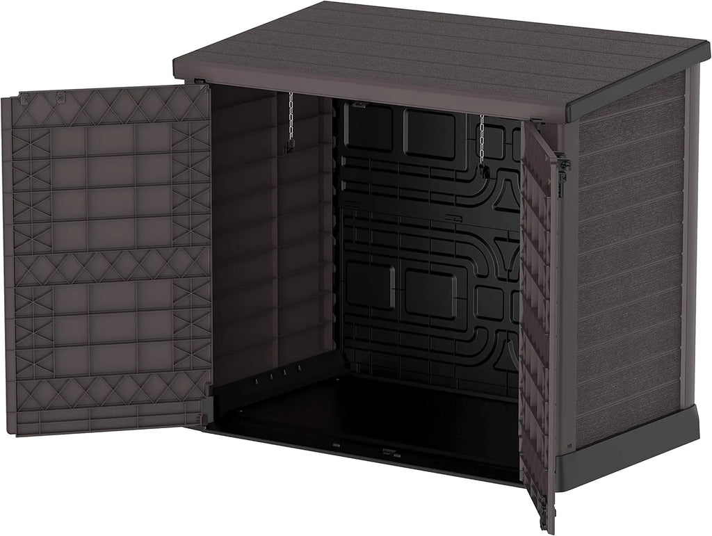 Duramax StoreAway 1200L Plastic Garden Shed/ Flat Lid, Outdoor Storage Shed, Wheelie Bin Hideaways, Wheelie bin box, Durable Construction, Ideal for Bikes, BBQs & 2x 240L Bins, 145x85x125 cm, Brown