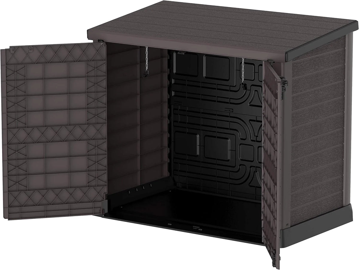 Duramax StoreAway 1200L Plastic Garden Shed/ Flat Lid, Outdoor Storage Shed, Wheelie Bin Hideaways, Wheelie bin box, Durable Construction, Ideal for Bikes, BBQs & 2x 240L Bins, 145x85x125 cm, Brown