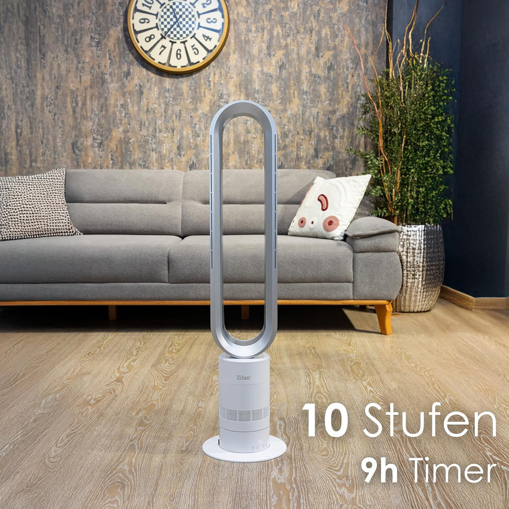 Zilan Turmventilator energiesparender BLDC Motor mit Fernbedienung Ventilator energiesparend oszillierend sehr leise Design Standventilator 10 Stufen Säulenventilator mit Kühlung Tower Fan